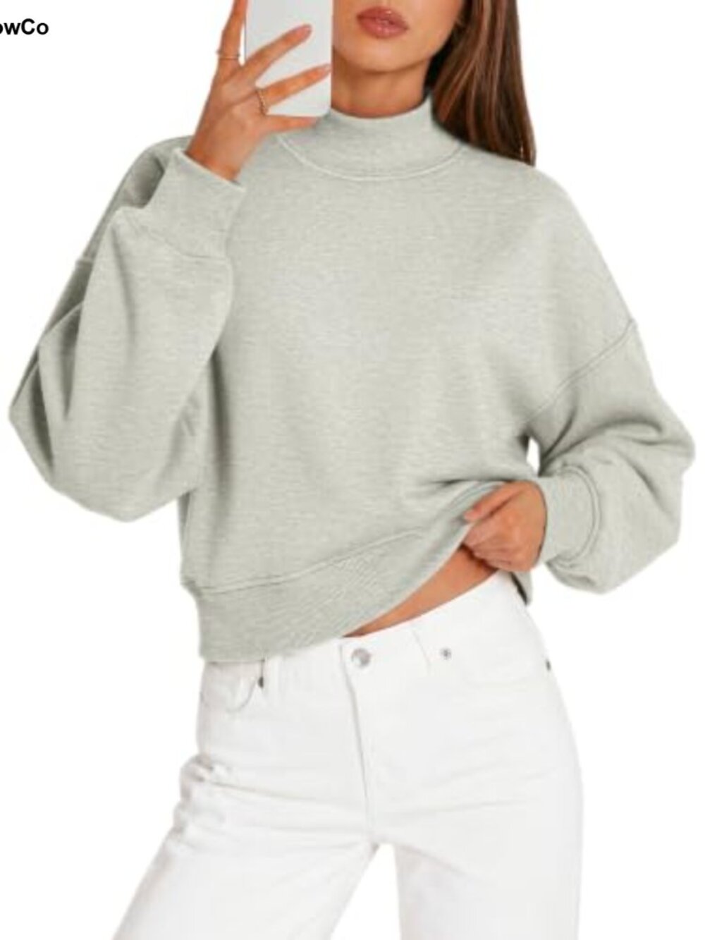 Womens Cropped Mock Neck Sweatshirt Long Sleeve Cotton Polyester Pullover